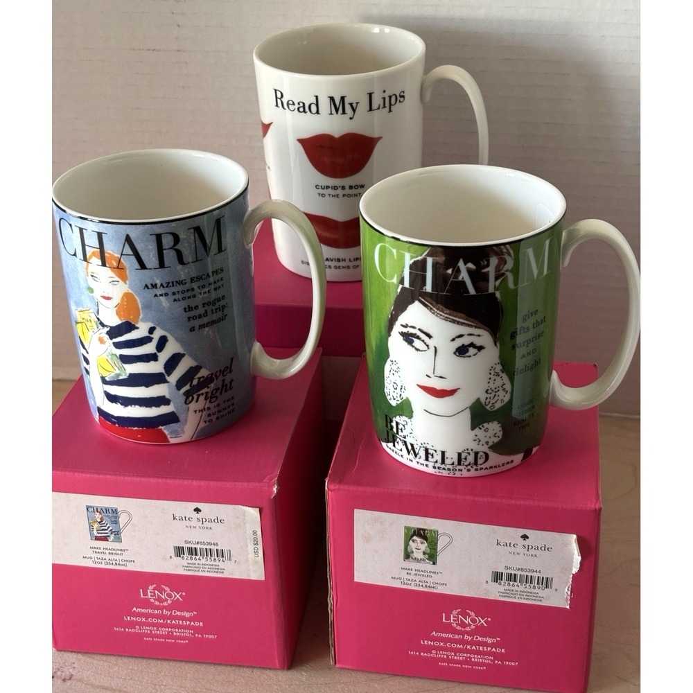 Kate Spade Mug LOT of 3 New Make Headlines Travel Jeweled Snap Happy Lips